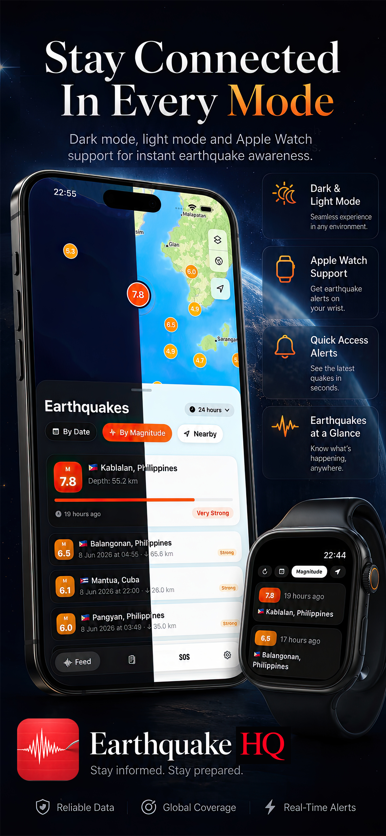 Earthquake HQ light mode, dark mode, and Apple Watch support